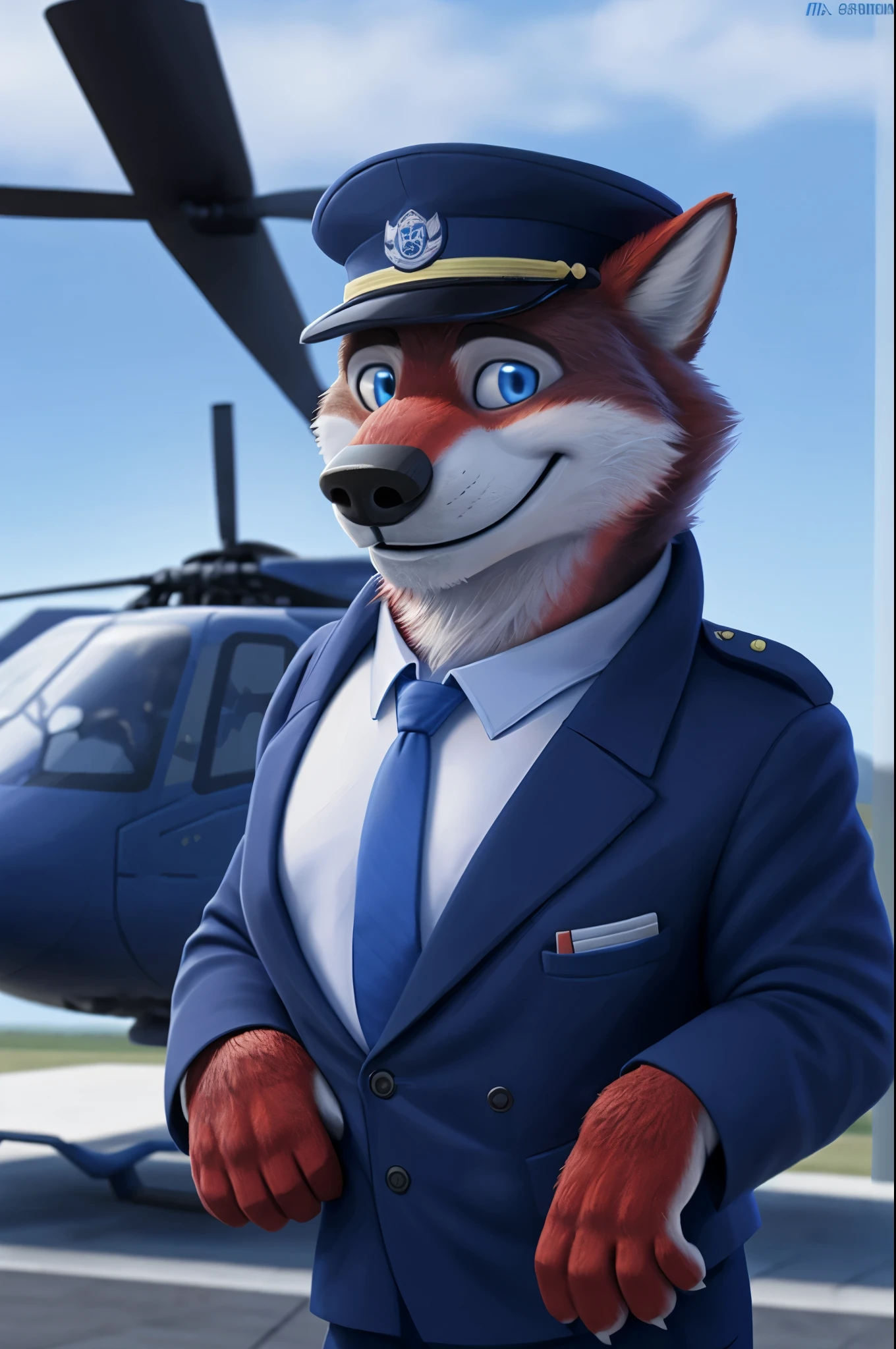 Ivan Fedorovich Wolfbach (Novosibirsk) ,высокий Beautiful, wolf,young, 24 years, brown fur,Kind,(red body:1.3),beautiful blue eyes,Novosibirsk,dressed,civil aviation pilot uniform,White shirt,epaulets командира, черный tie, trousers,airline pilot, commander's cap, trousers,canine, wolf, detailed fur, male, second, paw pads, finger claws,At the viewer, 5 fingers, paws, 5 fingers, smile, wrist watch, т nextel,by xenoforge, (difficult, high detail, digital photography, soft focus, RAW,goes for a walk, ,Very close to the camera,airport,Novosibirsk, smile, good mood, positive, Very close to the camera, plaid shirt, At the hairdresser, without hair, epaulets captain,
Photorealism, realistic, photorealistic, digital style, Subsurface scattering,I look at the viewer,стоит White shirt, epaulets, Strips, captain, trousers, tie, nearby by helicopter, Mi-8,smile, teeth, Beautiful,close to the camera,
masterpiece, Best quality, ultra realistic, 8 thousand.)