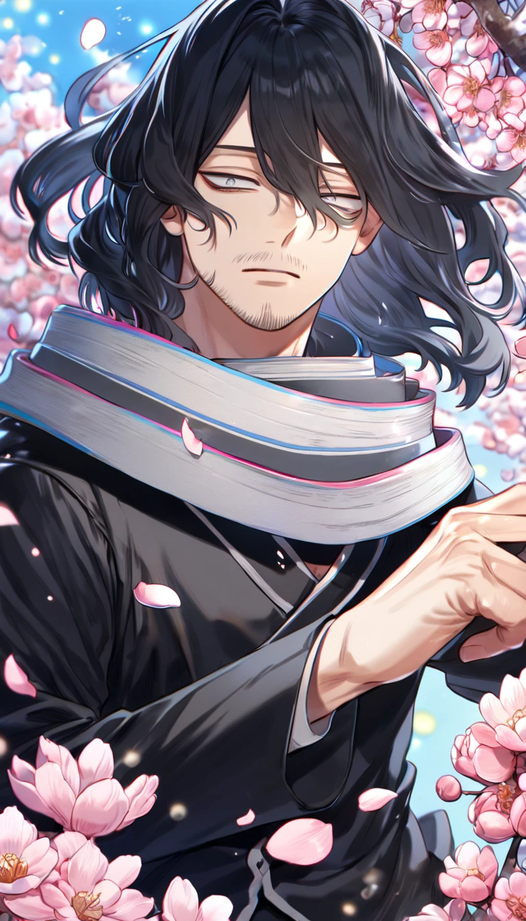 absurdres, highres, ultra detailed, HDR, master piece, Eraser Head, black hair, medium-lenght hair, expressive grey eyes, grey scarf, faint beard, Boku No Hero Academia, sexy man, handsome, best quality, blossoms, pink petals, pink flowers, fantasy, magical, blue shining fireflies, solo, black clothes