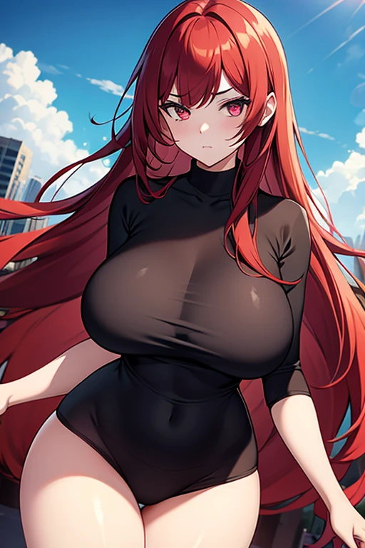 girl, with giant breasts, Red hair, wide, crimson eyes, black dress 