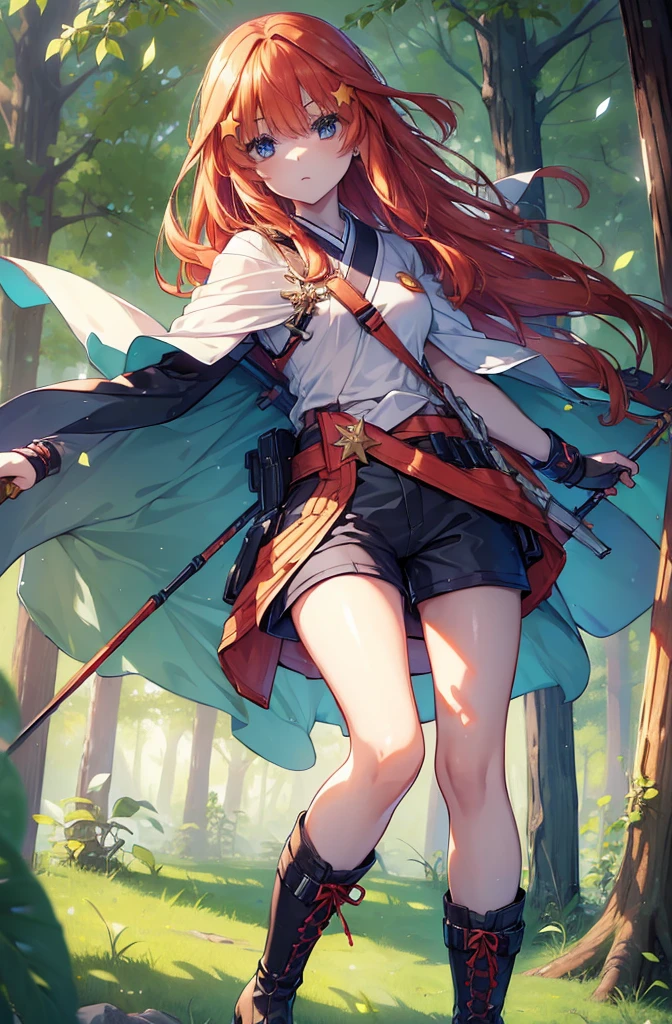 itsukinakano, itsuki nakano, bangs, blue eyes, Hair between the eyes, Redhead, star \(symbol\), hair ornaments, star hair ornaments,Long Hair,Owns an archery grip in the right hand,Carrying an archery bag,He has a quiver on one side, boots, Cape,gloves, red Knee socks, High heels, Shorts, Knee socks,whole bodyがイラストの中に入っていくように,歩いている
break outdoors, forest,forest林, break looking at viewer,whole body, 
break (masterpiece:1.2), Highest quality, High resolution, unity 8k wallpaper, (shape:0.8), (Fine and beautiful eyes:1.6), Highly detailed face, Perfect lighting, Highly detailed CG, (Perfect hands, Perfect Anatomy),