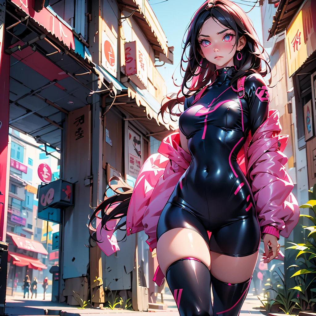 Generate an AI image of a young woman resembling Nezuko from Demon Slayer: with black long hair with japanese adornment , striking pink eyes. She is dressed in a futuristic pink tech outfit adorned with intricate black details, reminiscent of character designs from anime and Overwatch games. The scene depicts her walking through a cyberpunk  city inspired by Japan, featuring modern buildings bathed in neon lights and an oriental ambiance. The focus should be on her from head to waist, capturing her presence in this vibrant, futuristic setting.