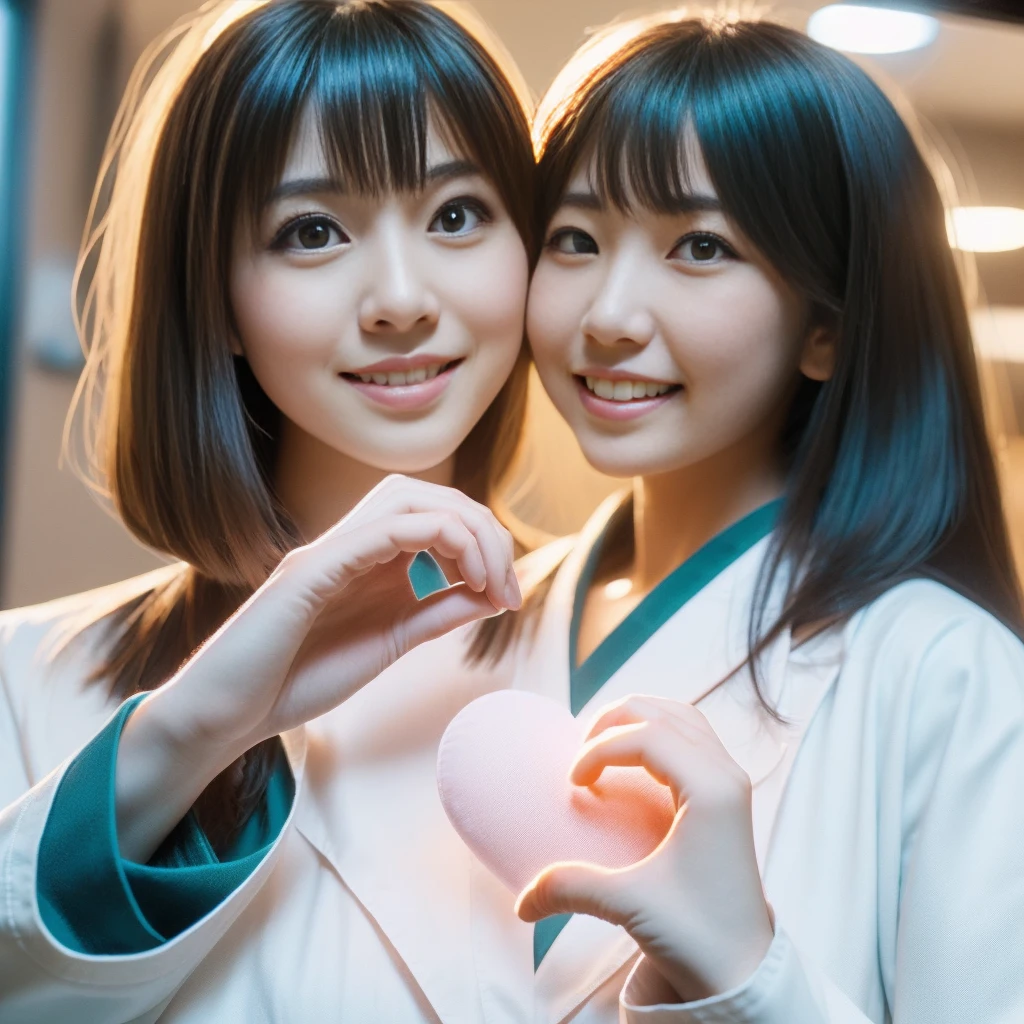 Beautiful Japanese female doctor wearing (white labcoat) and teal scrubs making (heart hands duo) gesture with cute Japanese female nurse wearing pink nurse uniform , beautiful detailed face, Japanese woman, pale skin, realistic skin, detailed cloth texture, detailed hair texture, Perfect proportion, Beautiful Face, accurate, Anatomically correct, Highly detailed face and skin texture , looking at viewer