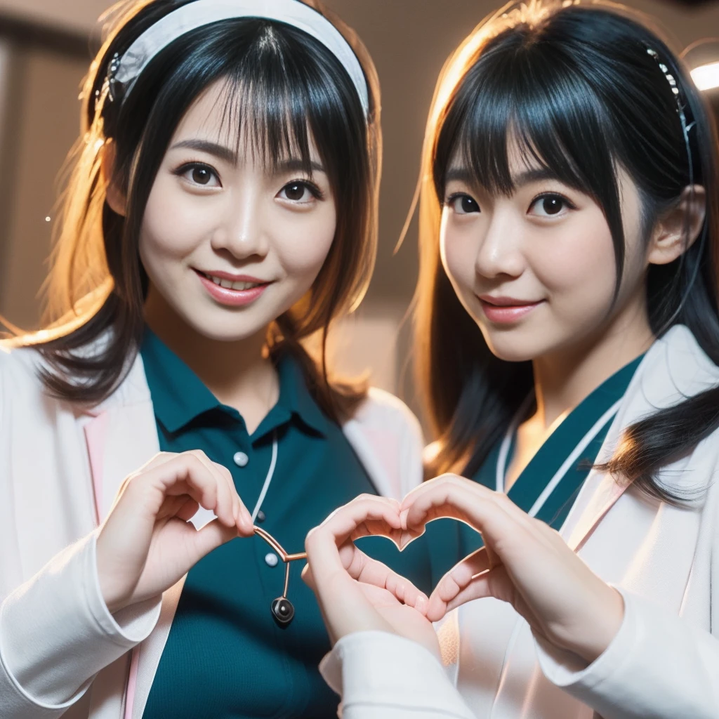 Beautiful Japanese female doctor wearing (white labcoat) and teal scrubs making (heart hands duo) gesture with cute Japanese female nurse wearing pink nurse uniform , beautiful detailed face, Japanese woman, pale skin, realistic skin, detailed cloth texture, detailed hair texture, Perfect proportion, Beautiful Face, accurate, Anatomically correct, Highly detailed face and skin texture , looking at viewer