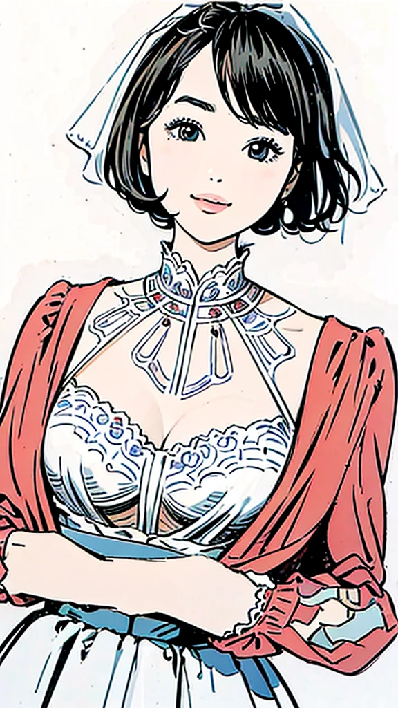 Wedding dress、22 years old、Large Breasts、Black Hair、Subjective、Upper Body、smile、Simple Background。