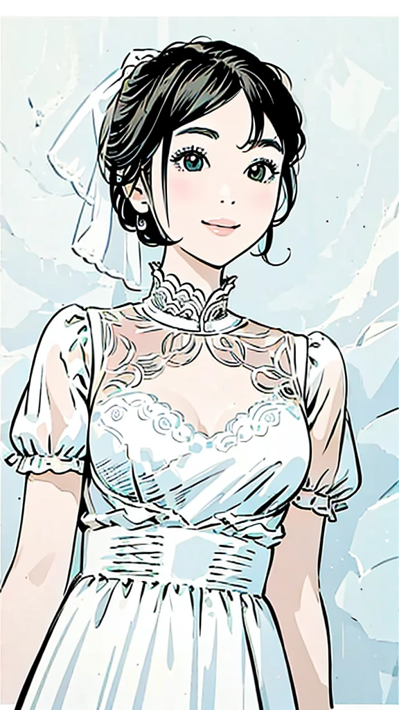 Wedding dress、22 years old、Large Breasts、Black Hair、Subjective、Upper Body、smile、Simple Background。