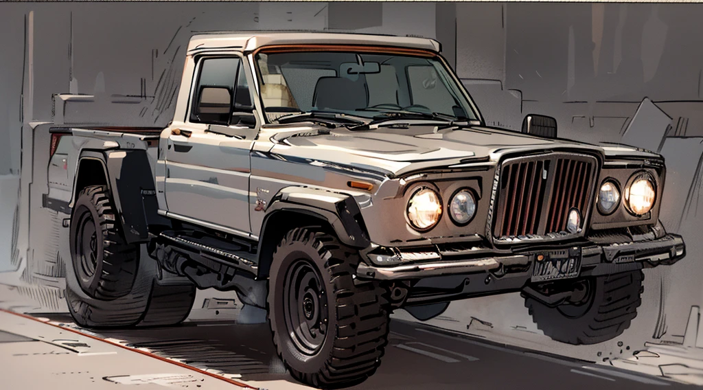 ((Best Quality)), ((masterpiece)), Highly detailed, 8K, red 6x6 heavy pickup truck, red dirty matte paint, square headlights, boxy angles, boxy 80s design, square headlights, (peterbilt influence:0.7), bright showroom, plain mesa background, cel-shaded, line art, bold black outlines, comic style, inkpunk, bright photoshoot lighting