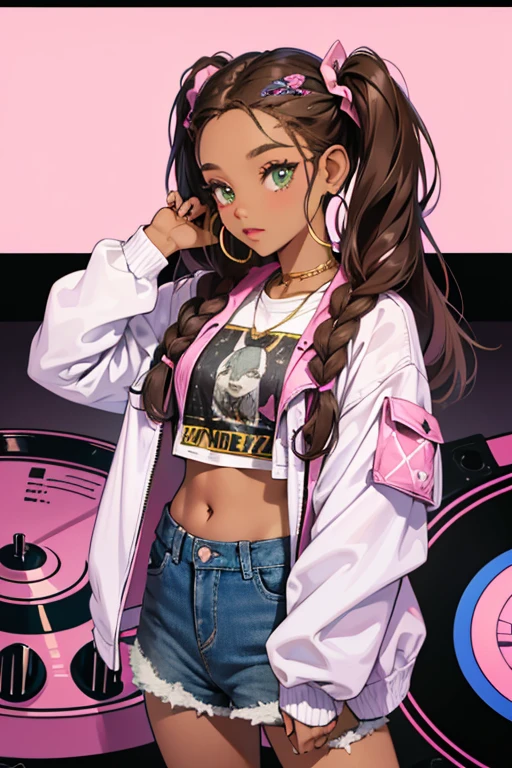 Honeylicious has dark skin, olive green eyes, and dark brown hair with pink highlights in box braids, tied into pigtails. She wears a denim jacket with hiphop slang on the sleeves, a pixelated camouflage top, and matching pants. She also wears gold hoop earrings, a gold turntable necklace, white boots with blue soles and pink heels and pink-tinted sunglasses.

She also comes with a blue portable turntable and an extra fashion: a denim midriff top, denim skirt, and pink armbands. SPARKLE; GLITTER