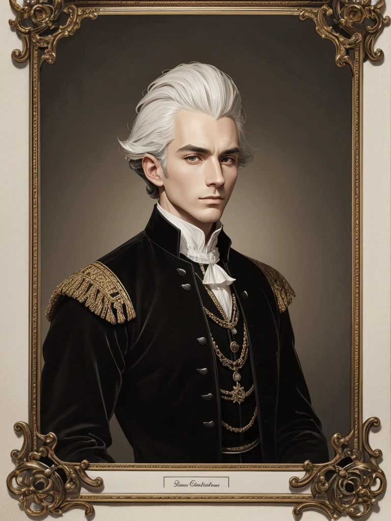 Young man, white skin, piercing eyes, dark hair, shoulder-length, combed back, refined features, sharp jawline, clean shaved facial hair, dignified posture, Elizabethan black velvet jacket, golden ornament, white laces, bare white neck, in a detailed ink wash illustration, sepia tones, on aged parchment paper background, without frame, realistic, portrait