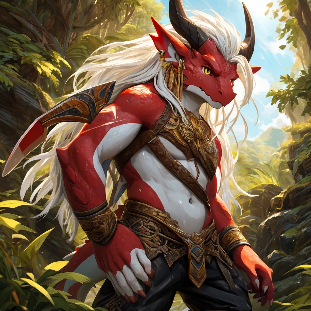 ultra-detailed, masterpiece, masterwork, high quality, best quality, hdr, (nature), nsfw, male, solo, chibi, dragon, ((nude, black boomerang pants)), (little red body minotaur), (white body), (long golden hair, yellow eyes, cool eyes), standing, cross your arms, dynamic angle, earrings, sweat