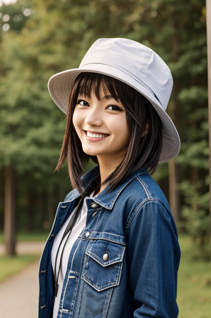 Anime character smiling and wearing a hat