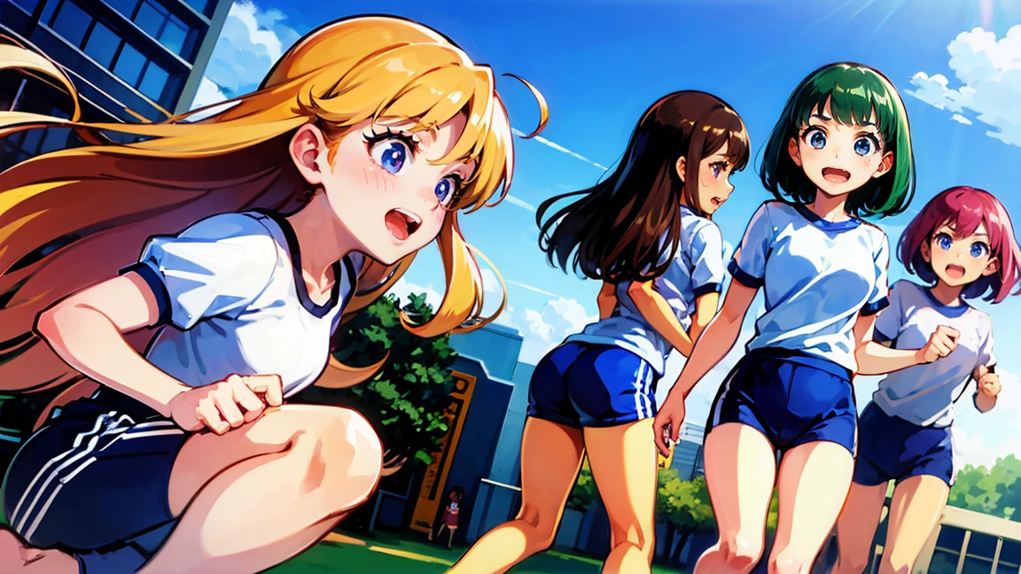 Highest quality,1990s anime style illustration,barefoot,Multiple Girls,Girls in gym clothes、Stand in line、校庭をRuns,All the girls are barefoot,The girls were sweating、Runs,White T-shirt and blue shorts,女の子たち数人は並んでRuns,Multiple Girlsたちを、Line up in a straight line、Let it run,running