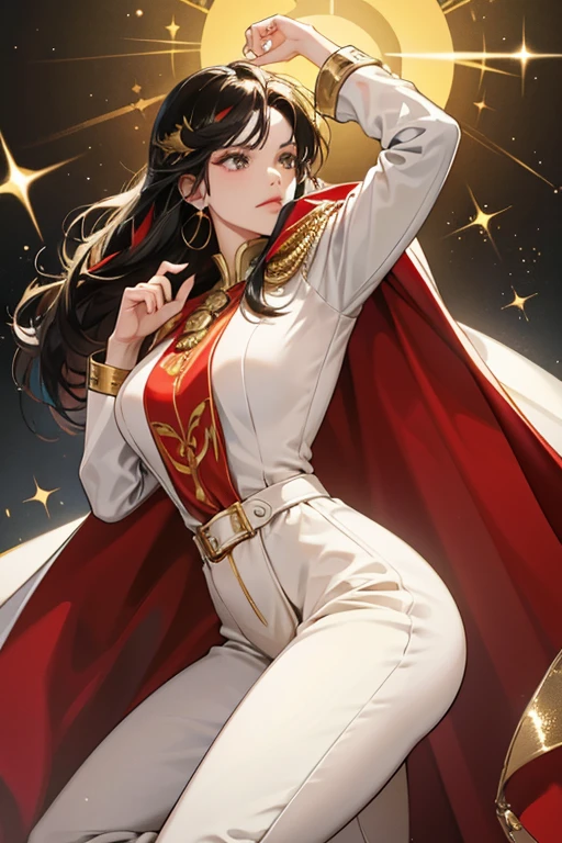 She wears a white jumpsuit with gold details based on one of Elvis iconic outfits and a red cape. Her hair is black with gold streaks. SPARKLE; GLITTER