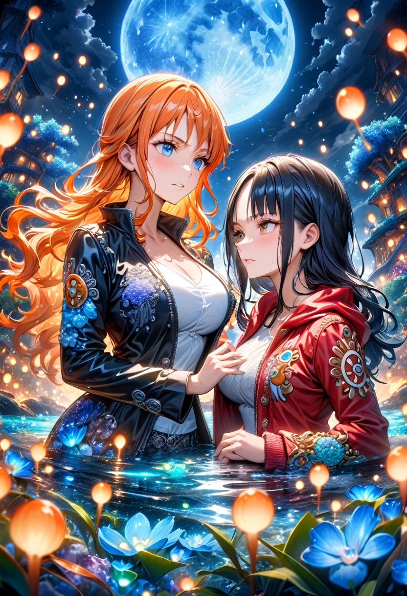 absurdres, highres, ultra detailed, HDR, masterpiece, Nico Robin, black long hair, expressive blue eyes, One Piece, Nami, long orange hair, expressive brown eyes, two women together, beautiful, black jacket, red jacket, white shirt, magical, fantasy, water, blue moon, starry, blue fireflies, blue flowers