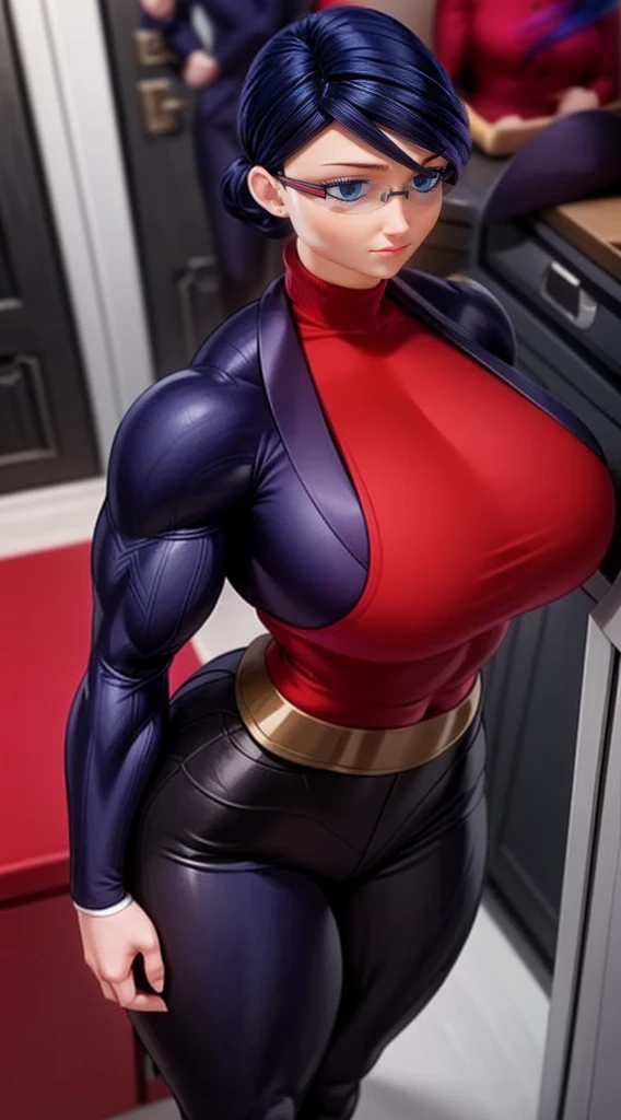 a muscular female bodybuilder in (( red bra inside (office suit) and her hair is (gradient of dark blue and red) from end to the right side of head)), detailed face, beautiful detailed eyes, beautiful detailed lips, ((extremely detailed face and muscles)), long eyelashes, strong muscles bulging through suit, dynamic pose, professional studio lighting, hyperrealistic, 8k, high quality, photorealistic, physically-based rendering, concept art, dramatic color palette,((abs)).