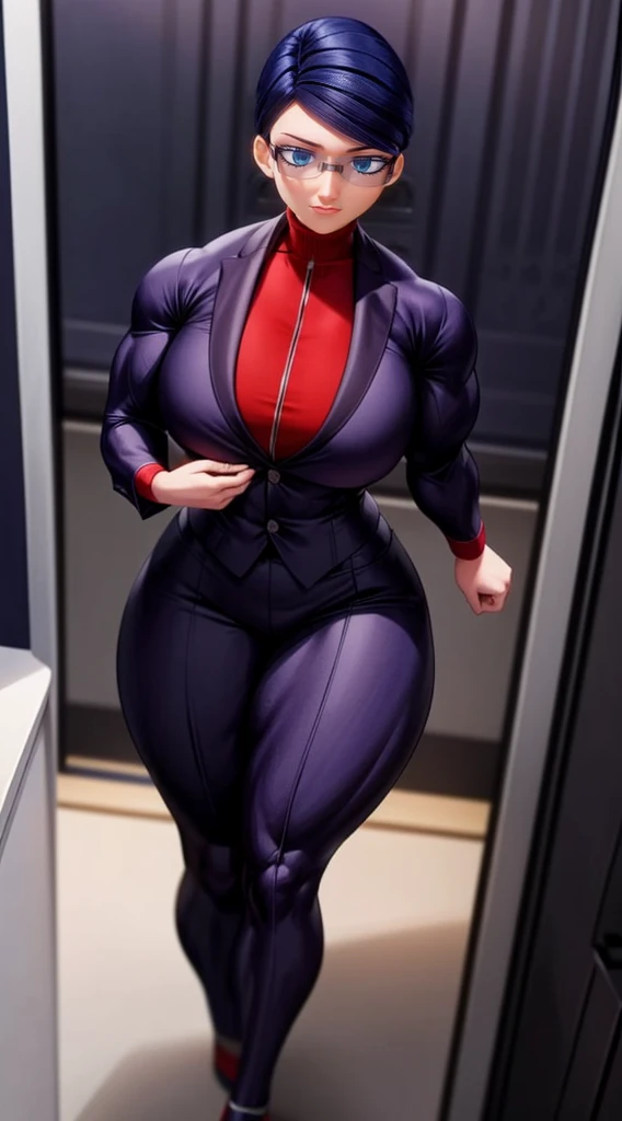 a muscular female bodybuilder in (( red bra inside (office suit) and her hair is (gradient of dark blue and red) from end to the right side of head)), detailed face, beautiful detailed eyes, beautiful detailed lips, ((extremely detailed face and muscles)), long eyelashes, strong muscles bulging through suit, dynamic pose, professional studio lighting, hyperrealistic, 8k, high quality, photorealistic, physically-based rendering, concept art, dramatic color palette,((abs)).