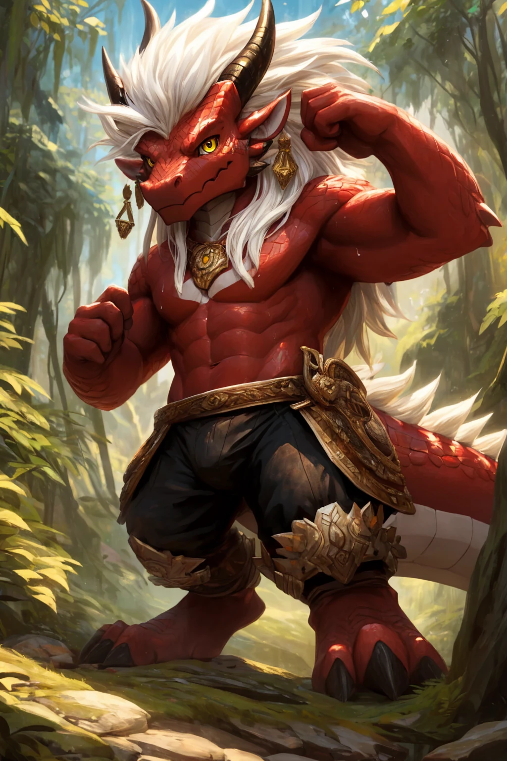 ultra-detailed, masterpiece, masterwork, high quality, best quality, hdr, (nature), nsfw, male, solo, chibi, dragon, ((black underpants)), (little red body minotaur), (white body), (long golden hair, yellow eyes, cool eyes), standing, cross your arms, dynamic angle, earrings, sweat