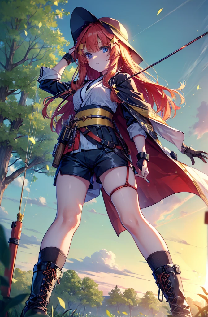 itsukinakano, itsuki nakano, bangs, blue eyes, Hair between the eyes, Redhead, star \(symbol\), hair ornaments, star hair ornaments,Long Hair,Owns an archery grip in the right hand,Carrying an archery bag,He has a quiver on one side, boots, Cape,gloves, red Knee socks, High heels, Shorts, Knee socks,whole bodyがイラストの中に入っていくように,歩いている
break outdoors, forest,forest林, break looking at viewer,whole body, 
break (masterpiece:1.2), Highest quality, High resolution, unity 8k wallpaper, (shape:0.8), (Fine and beautiful eyes:1.6), Highly detailed face, Perfect lighting, Highly detailed CG, (Perfect hands, Perfect Anatomy),