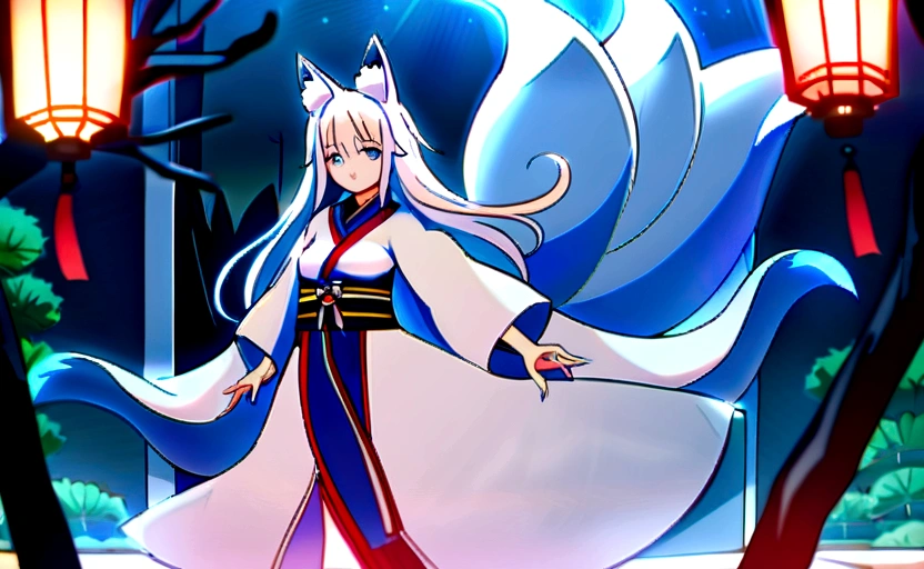 fox Light blue hair 　beast girl　indigo fur　fox beast girl　fox Light blue hair 　beast girl　indigo fur　fox beast girl　Wallpaper 4k,8k,highly detailled,,vivid colors,detailed kitsune with 9 tails,traditional Japanese artwork,tatami floor,beautiful cherry blossoms,floating lanterns,dark silhouette of a pagoda,subtle moonlight,dense forest,ethereal atmosphere,dappled sunlight,whimsical spirit,serene expression,elaborate kimono and obi,delicate hand-painted details,luminous eyes　Anime Style　fox　blue　White-faced golden-haired nine-tailed fox　Coat blue　　　mysterious background　Blue Flame　girl　have a ball of light Anime Style　fox　blue　White-faced golden-haired nine-tailed fox　Coat blue　　　mysterious background　Blue Flame　girl　have a ball of light