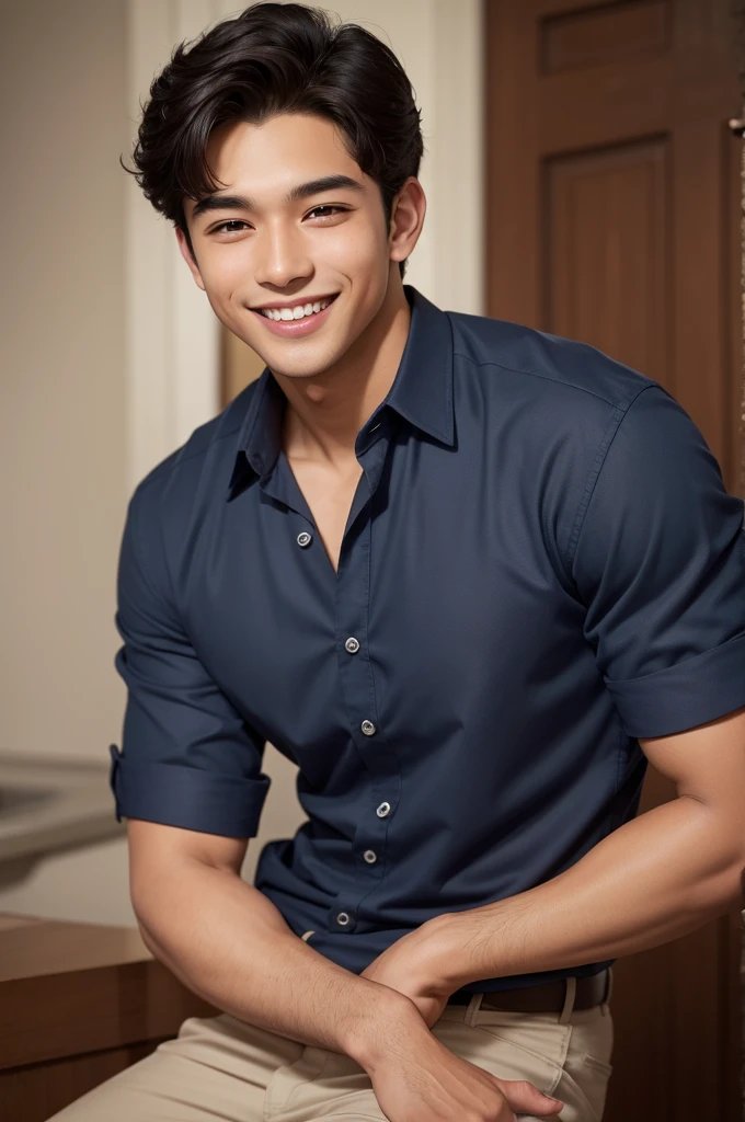 ung handsome brown-eyed boy in navy blue shirt smiling