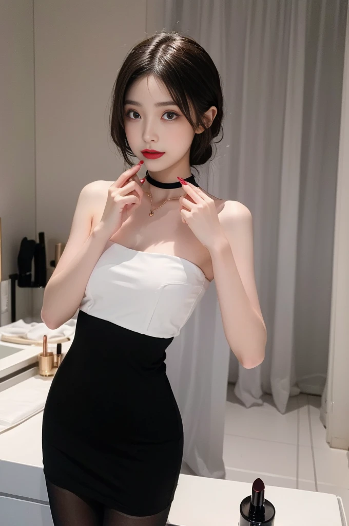 ((top quality, 8K, masterpiece: 1.3)), lens flare, full body shot, indirect lighting, (a little smile : 1.3), ((1 woman, 20 years old), (beauty: 1.4), slim body, realistic skin, ((black medium hair : 1.3), (strapless mini dress, long legs, see-through pantyhose, choker necklace, precious metals, high heels), (Make-up room, closet, footboard, powder room), (The woman applies lipstick to her lips in a pose that faces the makeup mirror, lowers her upper body and puts her hips back) , very detailed look, very detailed lips, detailed eyes, precise gaze, beautiful student, Clear eye line, abundant eyelashes, double eyelid, detailed fingers, detailed legs, natural anatomy, cosmetics pouch, flour, cosmetics, Nail art, feminine accessories