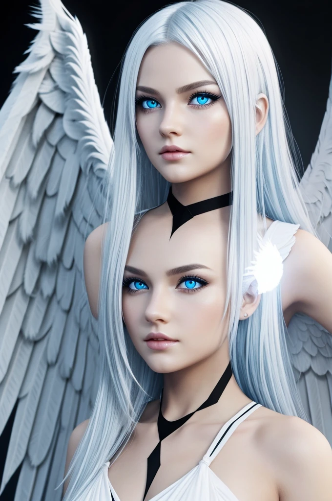 Generates a girl half angel half demon, one white wing and one black wing, hair, one strand white and the rest black, light blue eyes