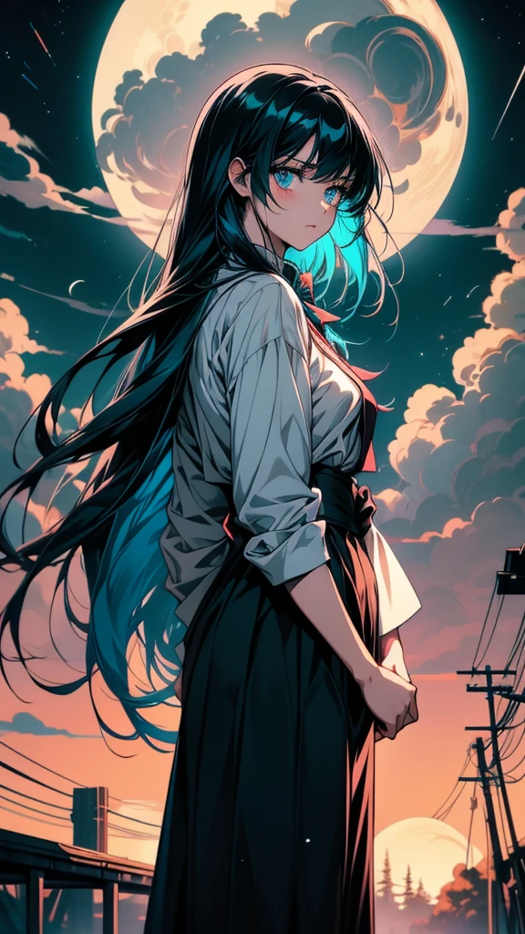 anime girl with long black hair and blue eyes pointing at the moon, anime moe artstyle, by Jin Homura, nightcore, gapmoe yandere grimdark, gapmoe yandere, sona is a slender, marin kitagawa fanart, demon slayer rui fanart, anime!!!!!!!!!!!!!!!, anime girl with teal hair, ☁🌪🌙👩🏾, anime wallaper