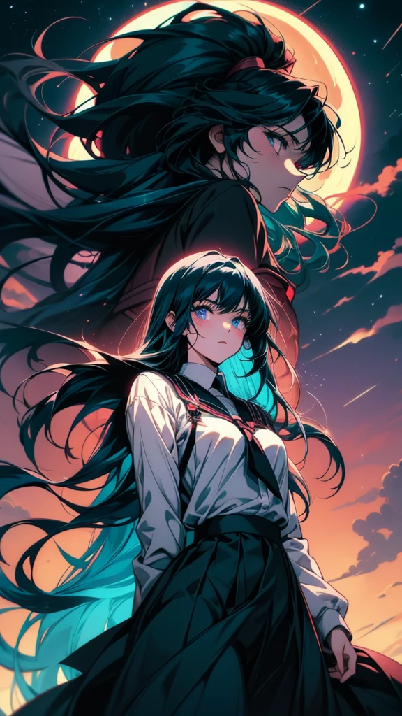 anime girl with long black hair and blue eyes pointing at the moon, anime moe artstyle, by Jin Homura, nightcore, gapmoe yandere grimdark, gapmoe yandere, sona is a slender, marin kitagawa fanart, demon slayer rui fanart, anime!!!!!!!!!!!!!!!, anime girl with teal hair, ☁🌪🌙👩🏾, anime wallaper