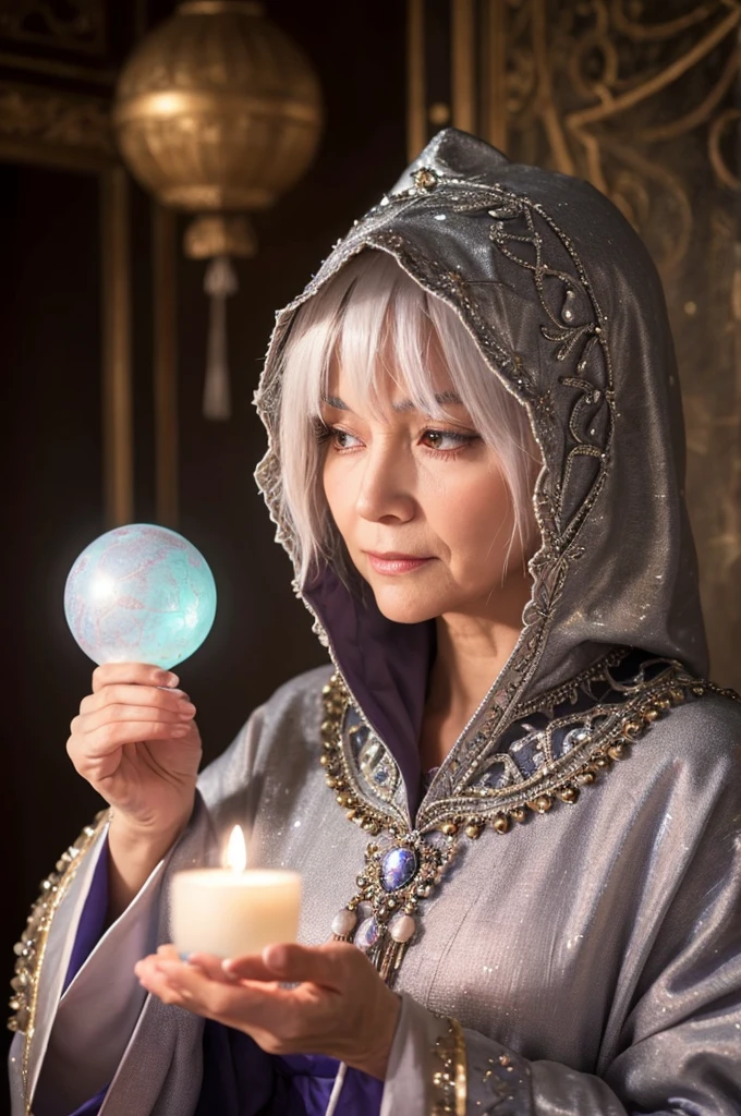 "Realistic close-up image of an elderly woman with silver hair, wearing mystical robes and a hood that partially covers her head. She is facing forward with her body straight and looking directly at the viewer with her eyes open, holding a crystal ball in her hands. Only her chest and above are visible. The background is dark and filled with mystical elements such as glowing candles, ancient symbols, and a mysterious tapestry, creating a traditional fortune-telling atmosphere."
