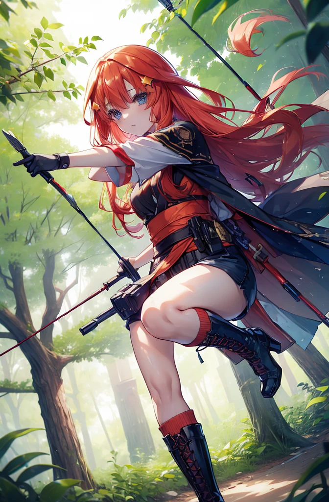 itsukinakano, itsuki nakano, bangs, blue eyes, Hair between the eyes, Redhead, star \(symbol\), hair ornaments, star hair ornaments,Long Hair,Owns an archery grip in the right hand,Carrying an archery bag,He has a quiver on one side, boots, Cape,gloves, red Knee socks, High heels, Shorts, Knee socks,whole bodyがイラストの中に入っていくように,歩いている
break outdoors, forest,forest林, break looking at viewer,whole body, 
break (masterpiece:1.2), Highest quality, High resolution, unity 8k wallpaper, (shape:0.8), (Fine and beautiful eyes:1.6), Highly detailed face, Perfect lighting, Highly detailed CG, (Perfect hands, Perfect Anatomy),