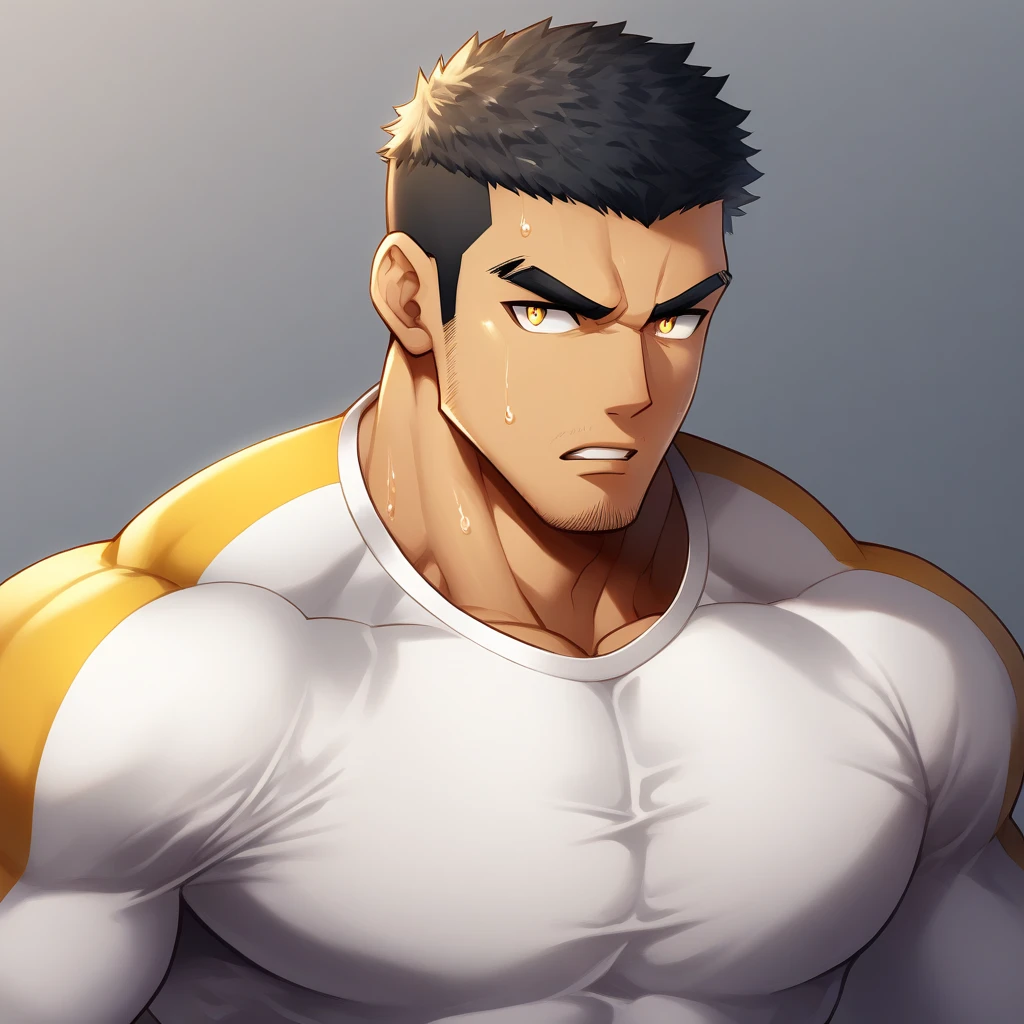 anime characters：Gyee,  Deep black skin, Muscle Sports Student, 1 muscular tough guy, Manliness, male focus, Close-up of the side, Light yellow high collar long sleeve tight T-shirt, Very tight, The clothes were soaked with sweat, The pectoral muscles are oversized, Slightly transparent, muscular male, muscular, only, Upper body, alone, Black short hair, Thick eyebrows, stubble, Yellow eyes, Grey background, simple background, amazing quality, best aesthetics, Ridiculous, bright pupils, crew cut, parted lips, v-shaped eyebrows, jitome, disdain, drop shadow, best quality