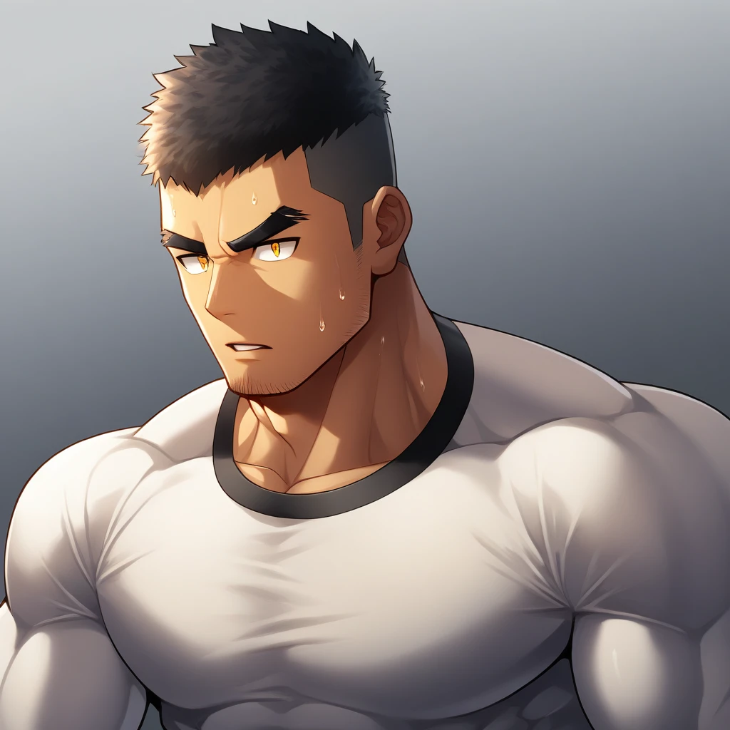 anime characters:Gyee, Deep black skin, Muscle Sports Student, 1 muscular tough guy, Manliness, male focus, Close-up of the side, Light yellow high collar long sleeve tight T-shirt, Very tight, The clothes were soaked with sweat, The pectoral muscles are oversized, Slightly transparent, muscular male, muscular, only, Upper body, alone, Black short hair, Thick eyebrows, stubble, Yellow eyes, Grey background, simple background, amazing quality, best aesthetics, Ridiculous, bright pupils, crew cut, parted lips, v-shaped eyebrows, jitome, disdain, drop shadow, best quality