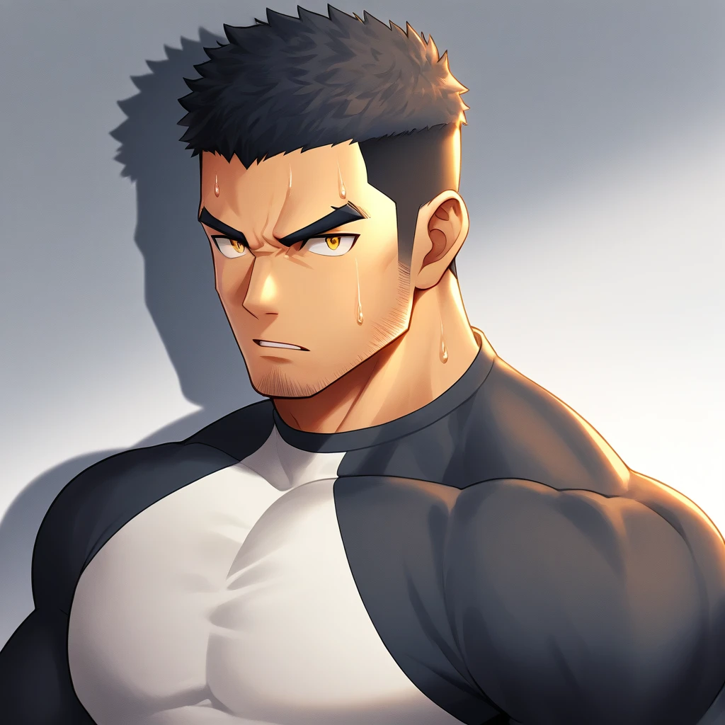 anime characters：Gyee,  Deep black skin, Muscle Sports Student, 1 muscular tough guy, Manliness, male focus, Close-up of the side, Light yellow high collar long sleeve tight T-shirt, Very tight, The clothes were soaked with sweat, The pectoral muscles are oversized, Slightly transparent, muscular male, muscular, only, Upper body, alone, Black short hair, Thick eyebrows, stubble, Yellow eyes, Grey background, simple background, amazing quality, best aesthetics, Ridiculous, bright pupils, crew cut, parted lips, v-shaped eyebrows, jitome, disdain, drop shadow, best quality