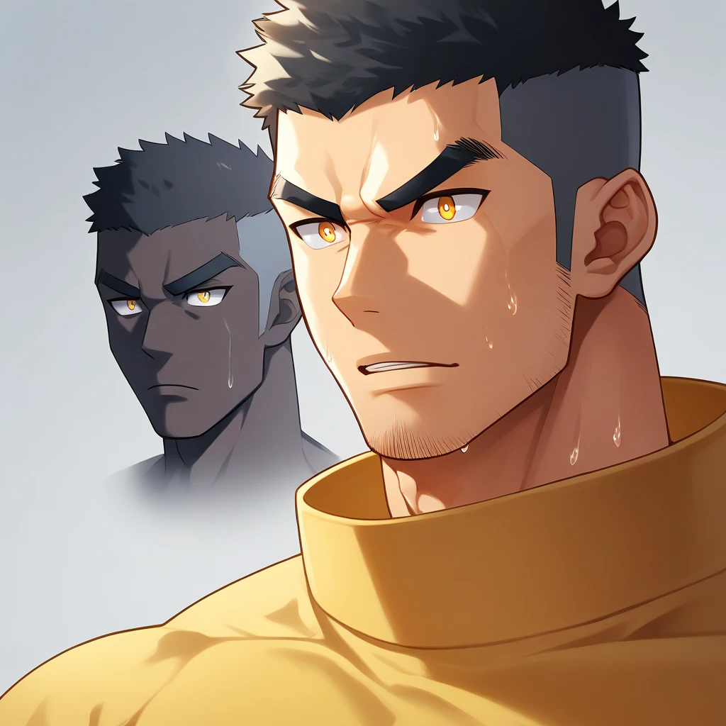 anime characters：Gyee,  Deep black skin, Muscle Sports Student, 1 muscular tough guy, Manliness, male focus, Close-up of the side, Light yellow high collar long sleeve tight T-shirt, Very tight, The clothes were soaked with sweat, The pectoral muscles are oversized, Slightly transparent, muscular male, muscular, only, Upper body, alone, Black short hair, Thick eyebrows, stubble, Yellow eyes, Grey background, simple background, amazing quality, best aesthetics, Ridiculous, bright pupils, crew cut, parted lips, v-shaped eyebrows, jitome, disdain, drop shadow, best quality