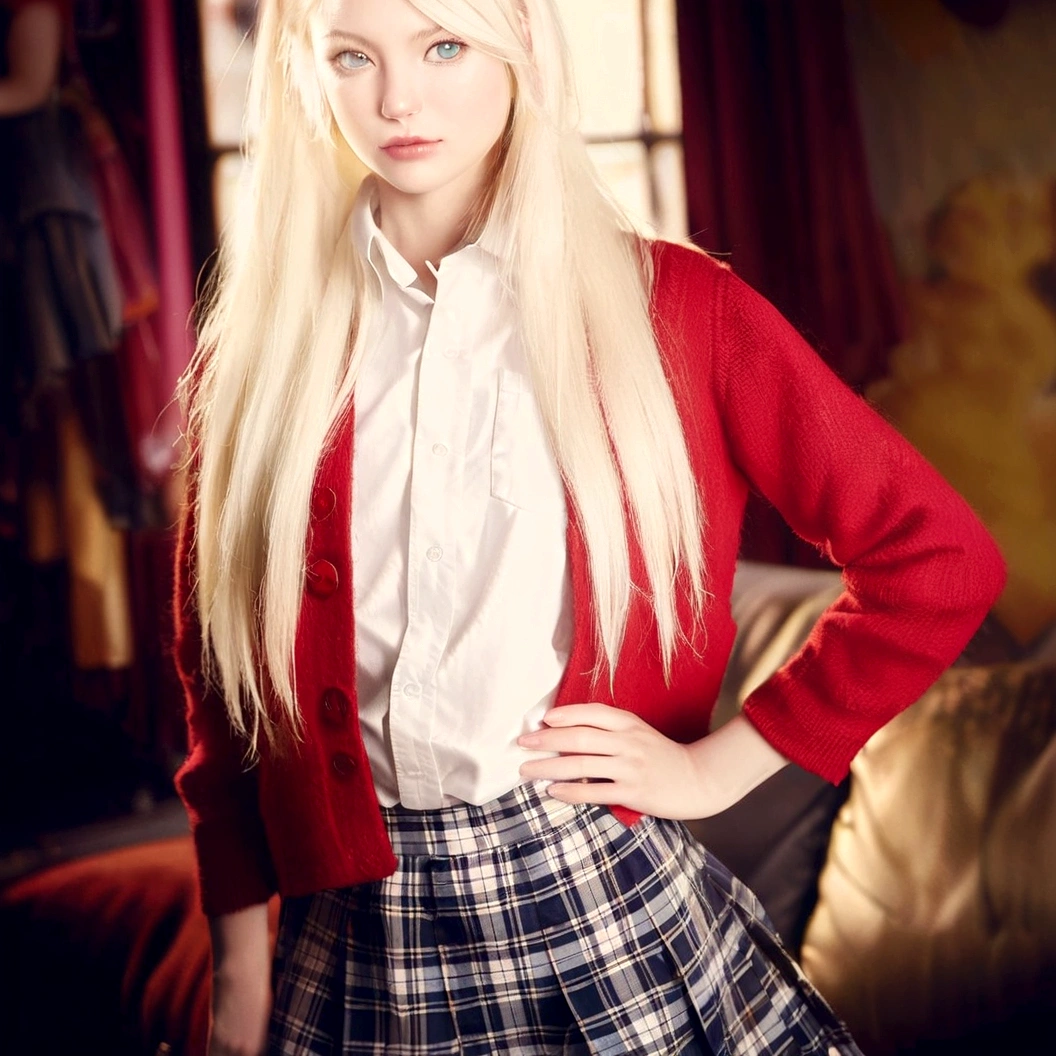blond woman in a red cardigan and plaid skirt posing for a picture, dressed as schoolgirl, realistic schoolgirl, gwen stacy, hyperrealistic , a hyperrealistic , promo still, perfect white haired girl, promo shot, school girl, photo from a promo shoot, magical school student uniform, evanna lynch, magic , cute