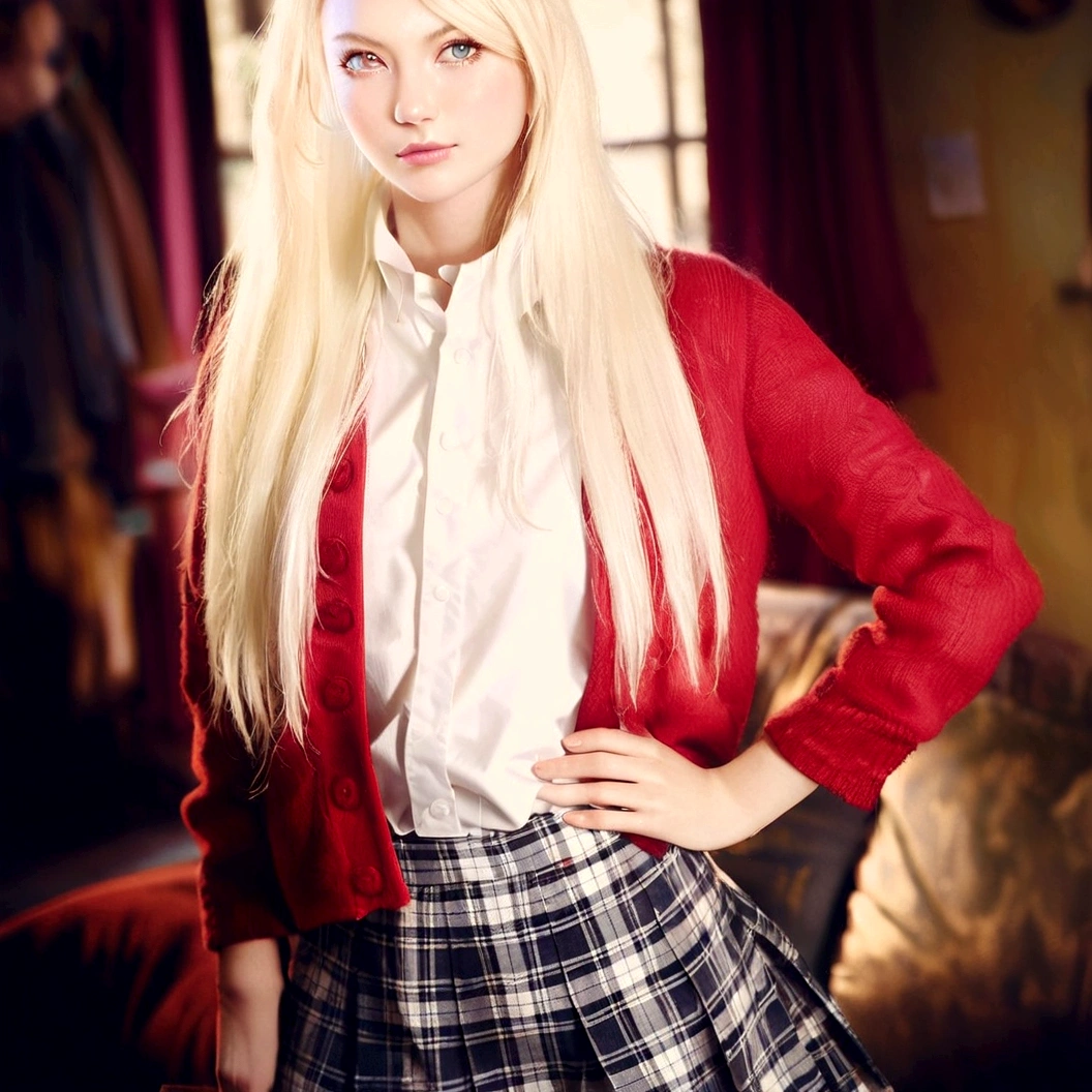 blond woman in a red cardigan and plaid skirt posing for a picture, dressed as schoolgirl, realistic schoolgirl, gwen stacy, hyperrealistic , a hyperrealistic , promo still, perfect white haired girl, promo shot, school girl, photo from a promo shoot, magical school student uniform, evanna lynch, magic , cute