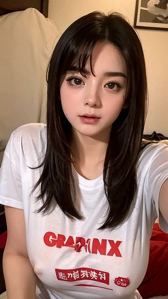  24-years-old, (In a dirty bed), T-shirt with sheer nipples, ((The expression of being given a large amount of orgasm))、Lots of sexual pleasure, My cheeks are red.、Pain and pleasure, Beautiful Face, Big beautiful bust, Remote Vibe