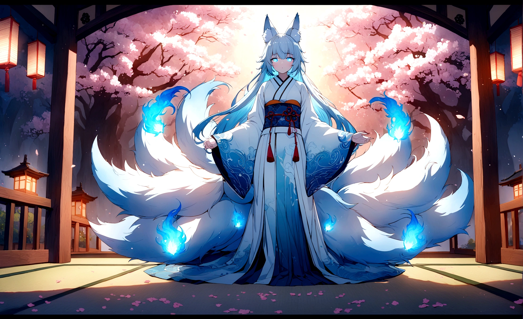 fox Light blue hair beast girl indigo fur fox beast girl fox Light blue hair beast girl indigo fur fox beast girl Wallpaper 4k,8k,highly detailled,,vivid colors,detailed kitsune with 9 tails,traditional Japanese artwork,tatami floor,beautiful cherry blossoms,floating lanterns,dark silhouette of a pagoda,subtle moonlight,dense forest,ethereal atmosphere,dappled sunlight,whimsical spirit,serene expression,elaborate kimono and obi,delicate hand-painted details,luminous eyes Anime Style fox blue White-faced golden-haired nine-tailed fox Coat blue mysterious background Blue Flame girl have a ball of light Anime Style fox blue White-faced golden-haired nine-tailed fox Coat blue mysterious background Blue Flame girl have a ball of light