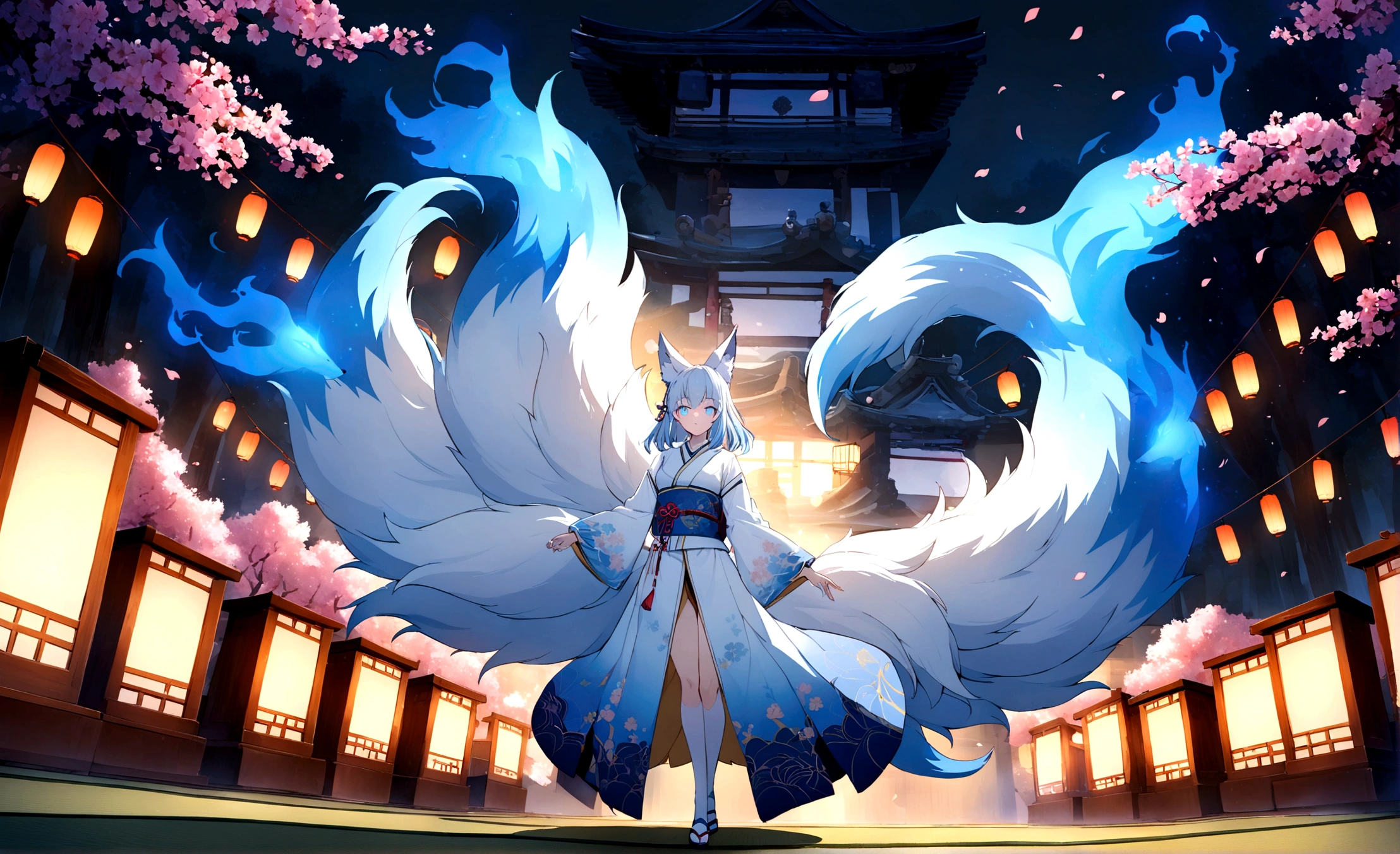 fox Light blue hair 　beast girl　indigo fur　fox beast girl　fox Light blue hair 　beast girl　indigo fur　fox beast girl　Wallpaper 4k,8k,highly detailled,,vivid colors,detailed kitsune with 9 tails,traditional Japanese artwork,tatami floor,beautiful cherry blossoms,floating lanterns,dark silhouette of a pagoda,subtle moonlight,dense forest,ethereal atmosphere,dappled sunlight,whimsical spirit,serene expression,elaborate kimono and obi,delicate hand-painted details,luminous eyes　Anime Style　fox　blue　White-faced golden-haired nine-tailed fox　Coat blue　　　mysterious background　Blue Flame　girl　have a ball of light Anime Style　fox　blue　White-faced golden-haired nine-tailed fox　Coat blue　　　mysterious background　Blue Flame　girl　have a ball of light