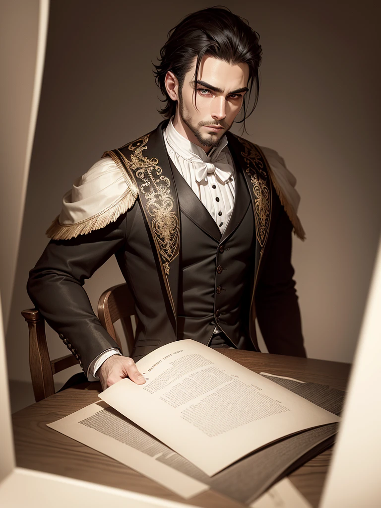 Young man, white skin, piercing eyes, dark hair, shoulder-length, combed back, refined features, sharp jawline, clean shaved facial hair, dignified posture, Elizabethan black velvet jacket, golden ornament, white laces, bare white neck, in a detailed ink wash illustration, sepia tones, on aged parchment paper background, without frame, realistic, portrait