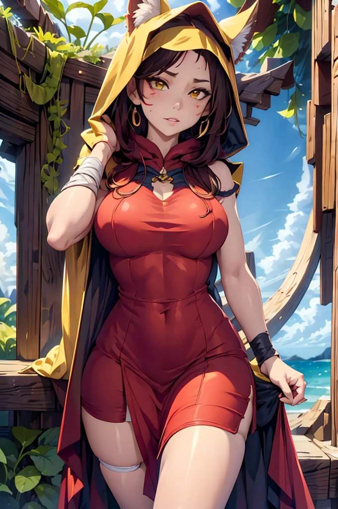 Grass, sky, Field, League of Legends, 1 girl, animal ears, bandage legs, long legs, bandage, bandage, bird legs, bird skull, layer, Shut up, ears through headdress, eyes visible through hair, facial marks, feathers, hood, hooded layer, wide, yellow eyes, Red hair, armor, blue chal, chal, chal, chal, chal wide, hooded chal, red dress, dress, nose ring, nostrils
