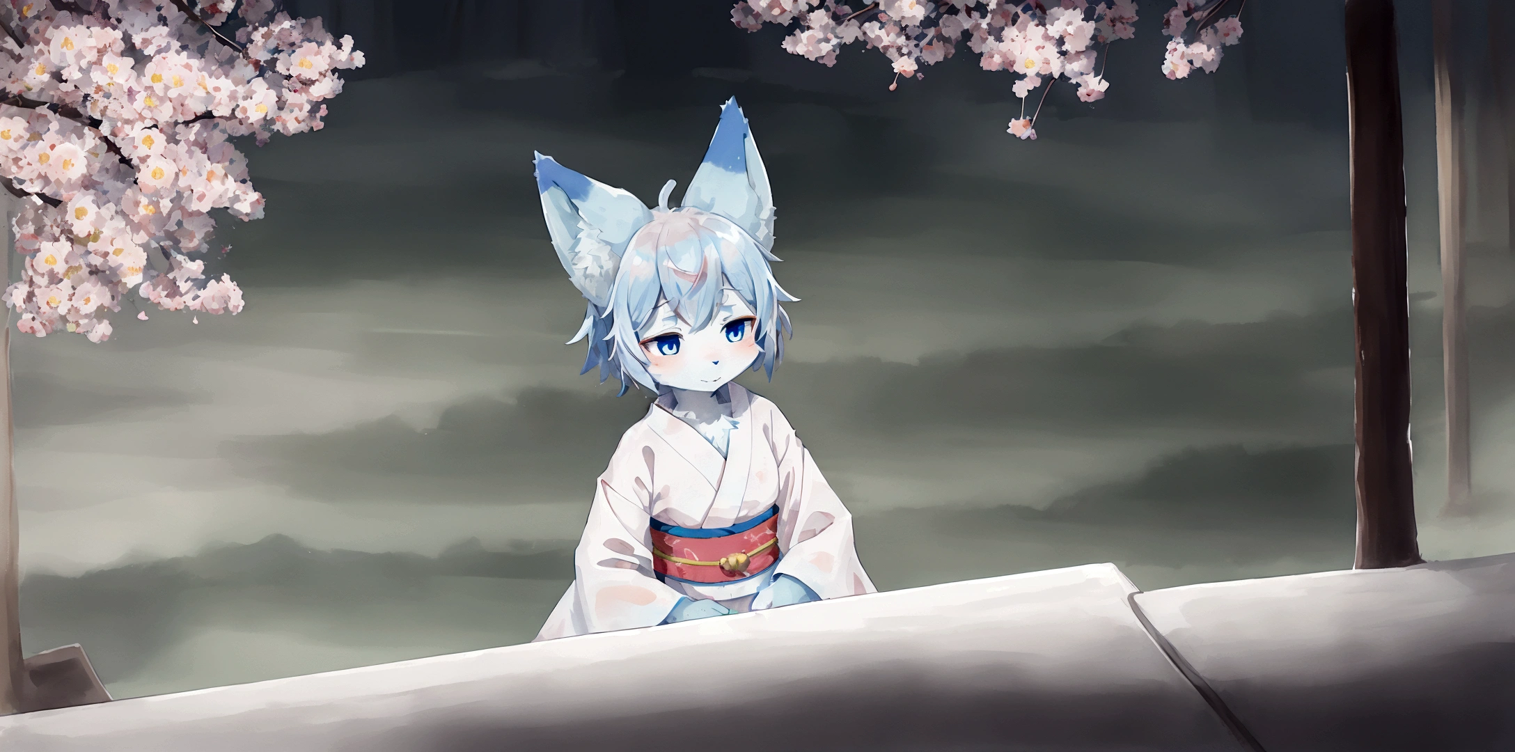 fox Light blue hair 　beast girl　indigo fur　fox beast girl　fox Light blue hair 　beast girl　indigo fur　fox beast girl　Wallpaper 4k,8k,highly detailled,,vivid colors,detailed kitsune with 9 tails,traditional Japanese artwork,tatami floor,beautiful cherry blossoms,floating lanterns,dark silhouette of a pagoda,subtle moonlight,dense forest,ethereal atmosphere,dappled sunlight,whimsical spirit,serene expression,elaborate kimono and obi,delicate hand-painted details,luminous eyes　Anime Style　fox　blue　White-faced golden-haired nine-tailed fox　Coat blue　　　mysterious background　Blue Flame　girl　have a ball of light Anime Style　fox　blue　White-faced golden-haired nine-tailed fox　Coat blue　　　mysterious background　Blue Flame　girl　have a ball of light