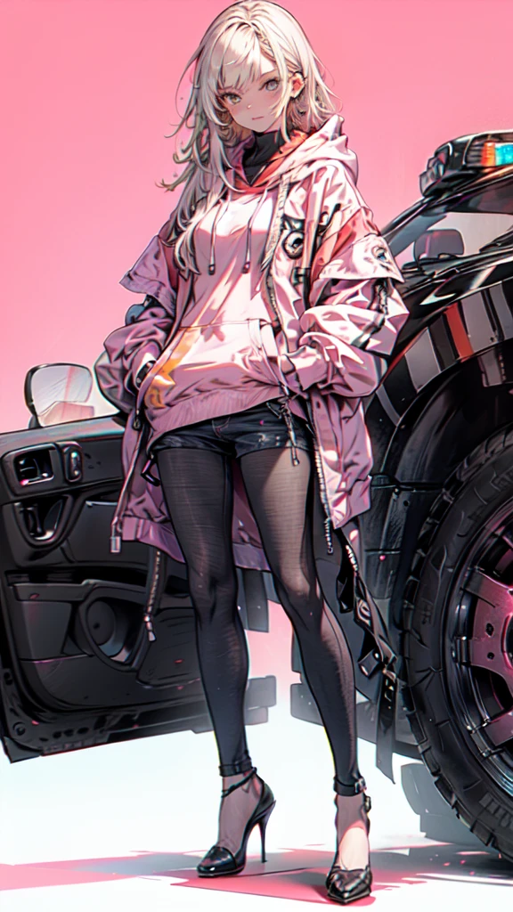 a girl with long yellow hair, blue eyes, wearing an orange hoodie and black heels, in a cyberpunk setting with her hand in her pocket, pink background