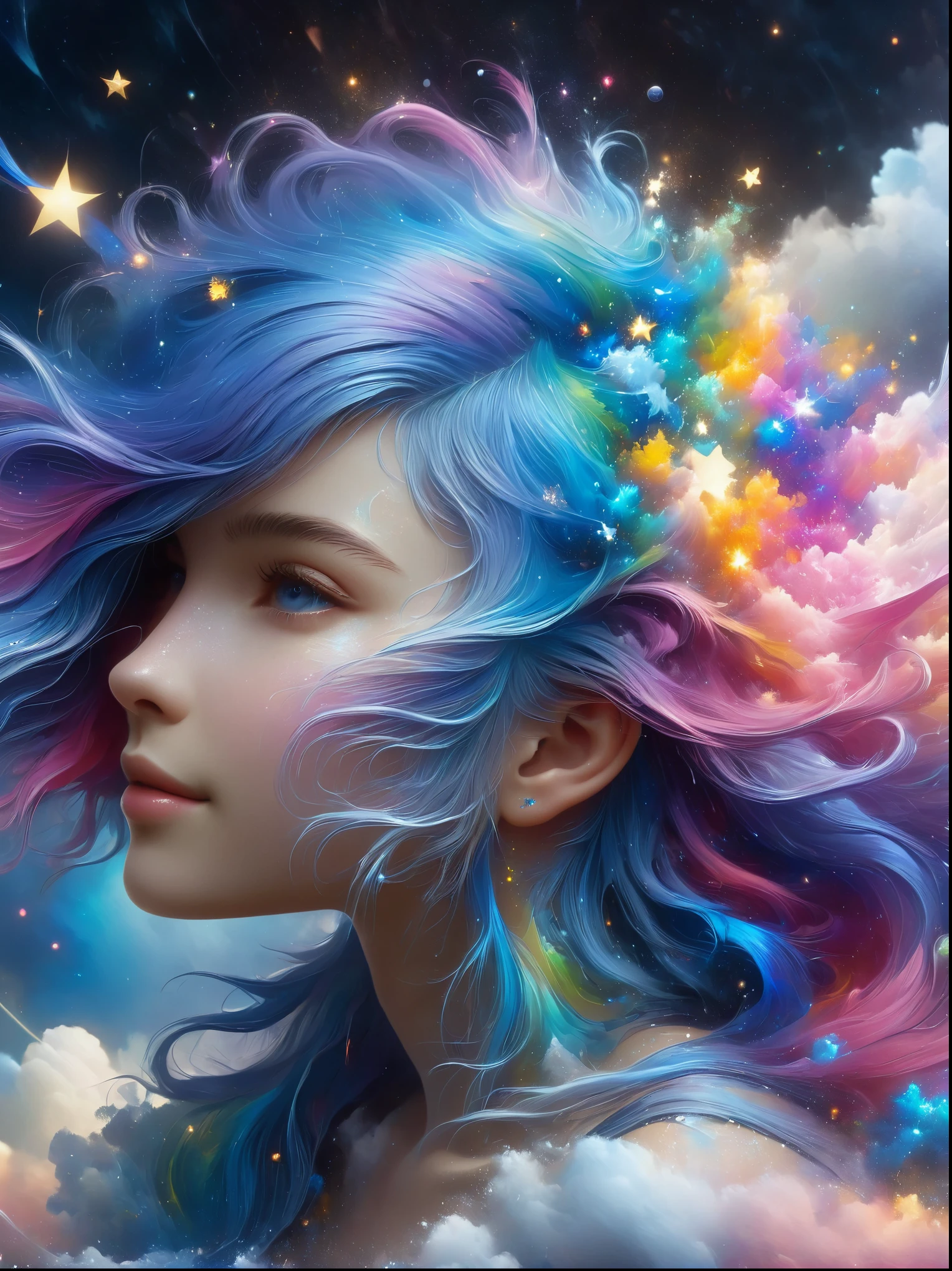 1xknh1, Top quality, Official Art, (Aesthetics and aesthetics:1.2), 1girl, solo, (Fractal Art:1.3), Upper body, Elegant dress, View from the side, Looking at the audience, (Rainbow Hair, Color of hair, Half blue and half pink hair:1.2), water, liquid, Cloud, Colorful, Starlight, Like stars, masterpiece, Best quality, anatomically correct, textured skin, super detail, 8k, highres