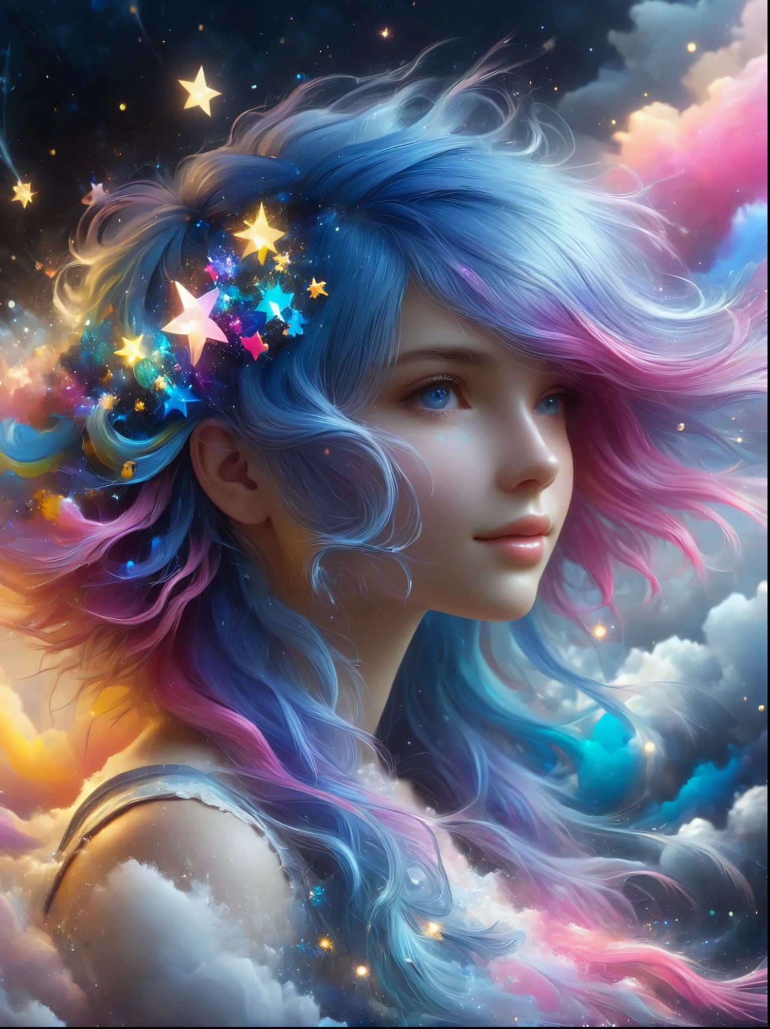 1xknh1, Top quality, Official Art, (Aesthetics and aesthetics:1.2), 1girl, solo, (Fractal Art:1.3), Upper body, Elegant dress, View from the side, Looking at the audience, (Rainbow Hair, Color of hair, Half blue and half pink hair:1.2), water, liquid, Cloud, Colorful, Starlight, Like stars, masterpiece, Best quality, anatomically correct, textured skin, super detail, 8k, highres