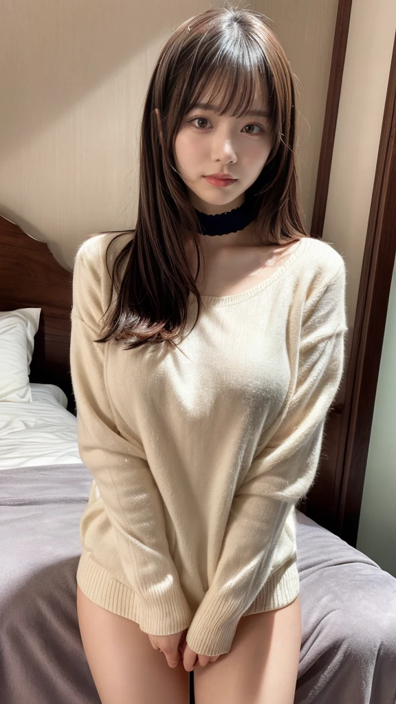masterpiece, best quality, illustration, Super detailed, fine details, High resolution, 8K,wall paper, perfect dynamic composition,(Details High quality, realistic depiction of eyes:1.3), Long sleeve shirt、Hair length、A fluffy white sweater, choker, hotel room, black hair color, Big Natural Color Lip, sexy pose, crying a little、Harajuku style、20 year old girl、cute type、lolita, hposing Gravure Idol, full body photo, huge breasts