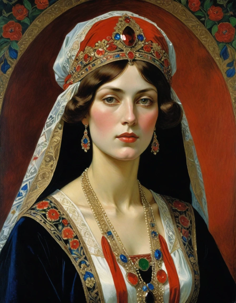 Design me a {{Colossal Masterpiece, high detail}}, a ((((Half body portrait)))), ((by Léon Bakst)), (by Moebius Jean Giraud), the composition is: a powerful noblewoman, bronze skin, sullen, sensual, facing viewer. She is wearing a fur hat and a lace face veil. She is wearing a black Byzantine caftan with Mughal elements, embroidered Slavic elements, sashes, red diamond pendant
