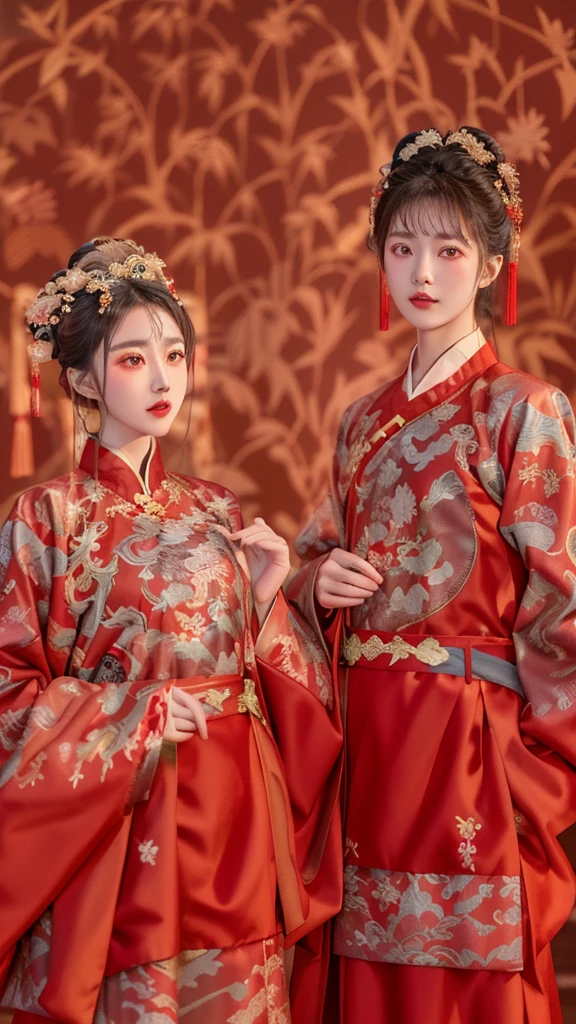 an elegant asian couple wearing traditional chinese hanfu clothing, detailed ornate traditional chinese imperial royal robes, embroidered red long gown, traditional chinese dress, opulent imperial attire, detailed intricate patterns, elaborate accessories, dramatic lighting, dramatic lighting, dramatic atmosphere, vibrant colors, highly detailed, cinematic, masterpiece