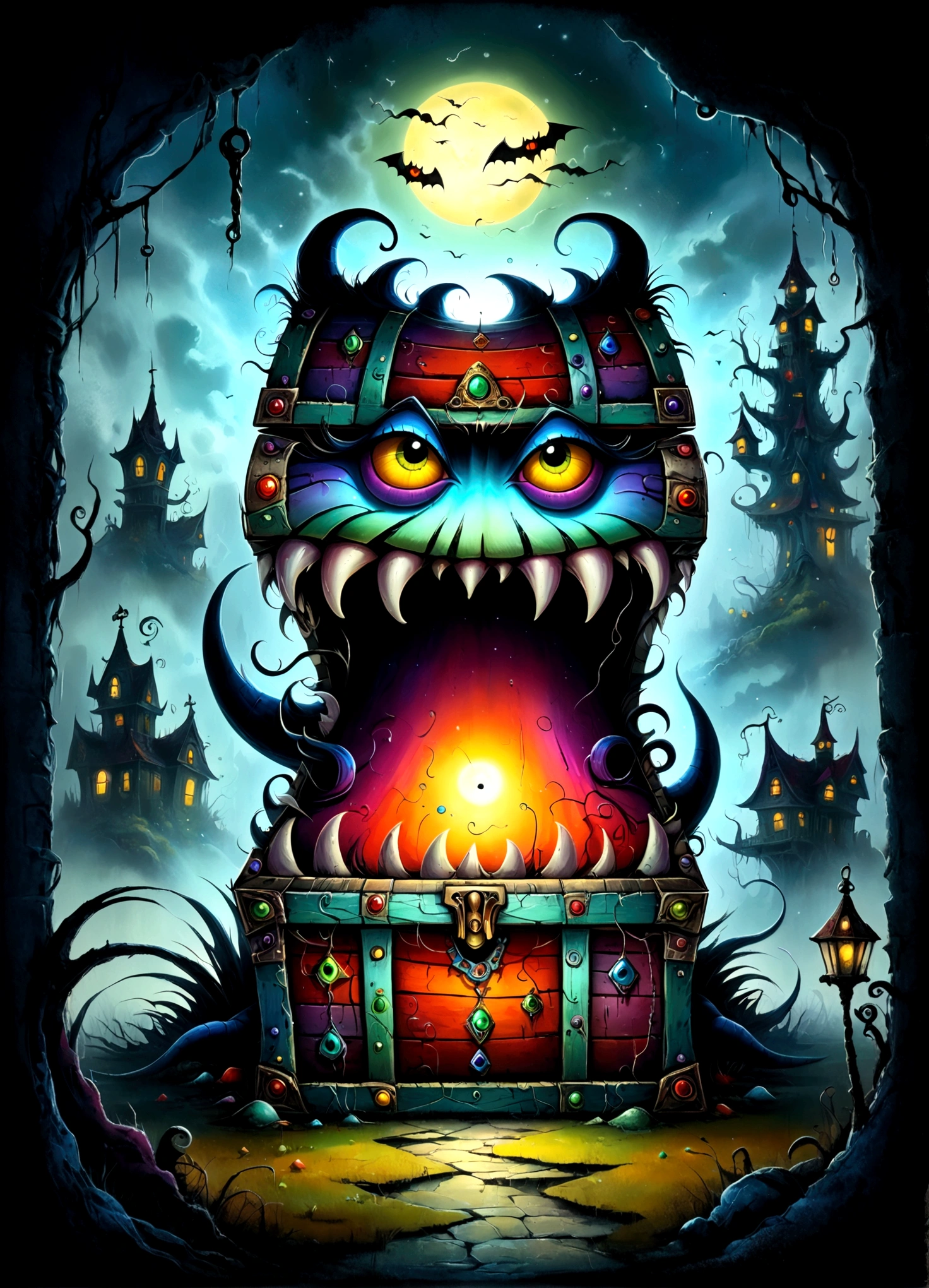 Colorful treasure chest monster,Artistically expressed,By Alexander Jansson　style, Stunningly beautiful work, People and landscape elements fit perfectly within the image frame, Detailed realization, Define high quality, Expressive Face, Sharp eyes,(background:Haunted house),masterpiece,Cute Monster