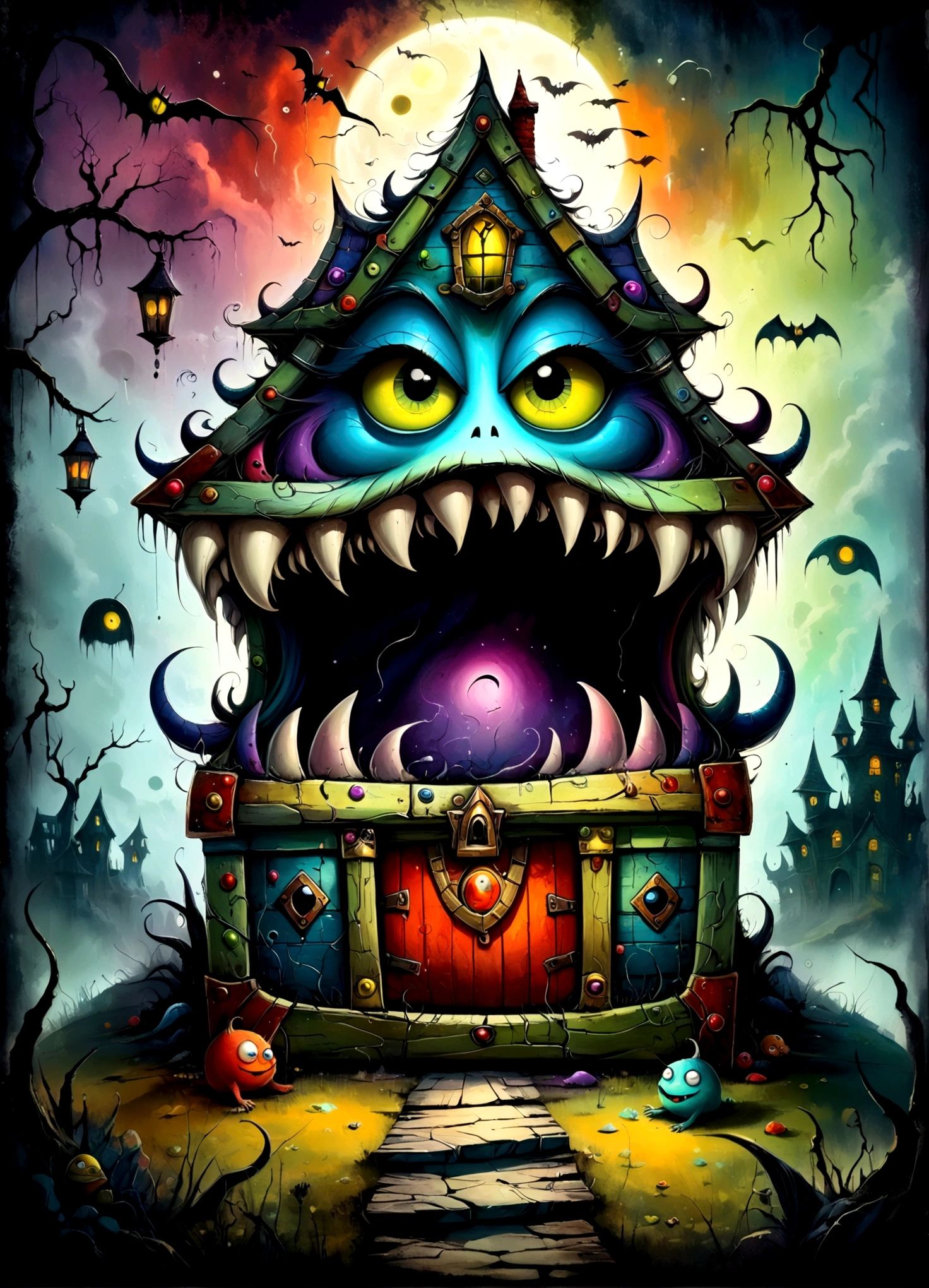 Colorful treasure chest monster,Artistically expressed,By Alexander Jansson　style, Stunningly beautiful work, People and landscape elements fit perfectly within the image frame, Detailed realization, Define high quality, Expressive Face, Sharp eyes,(background:Haunted house),masterpiece,Cute Monster