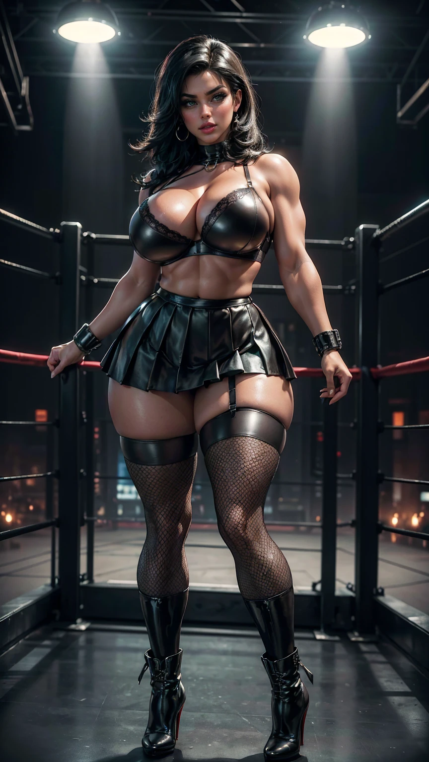 (best quality,highres:1.2), (ultra-detailed), (realistic:1.37), (HDR,UHD), (physically-based rendering), (busty mature muscular Denise Milani), beautiful supermodel face, ((black leather pleated skirt:1.3)), ((black leather bra:1.3)), ((short stiletto-heeled combat boots)), (short, straight jet-black hair:1.3), ((firm breasts, deep cleavage, perfectly round breasts)), ((slim waist, hourglass figure)), ((thicc:1.4)), ((wide calves, thick strong calves:1.6)), ((beautiful large green eyes):1.3), (intimidating pose in a boxing ring), (full-body portrait), (vivid colors), (fishnet stockings, thighhigh fishnet stockings:1.3), (hot red lips, makeup:1.3), sexy fighter, prominent breasts, rock solid breasts, (full body portrait:1.3), big_boltedontits, boltedontits, th3p1t, sakimichan,